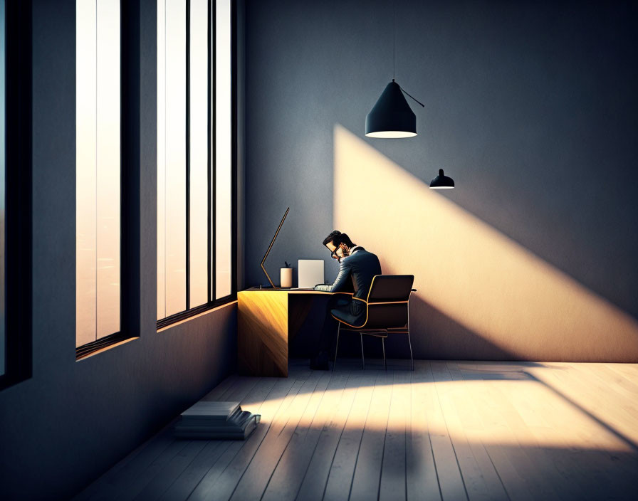 Desk scene with laptop in dimly lit room, sunlight through windows, hanging lamp, and books.