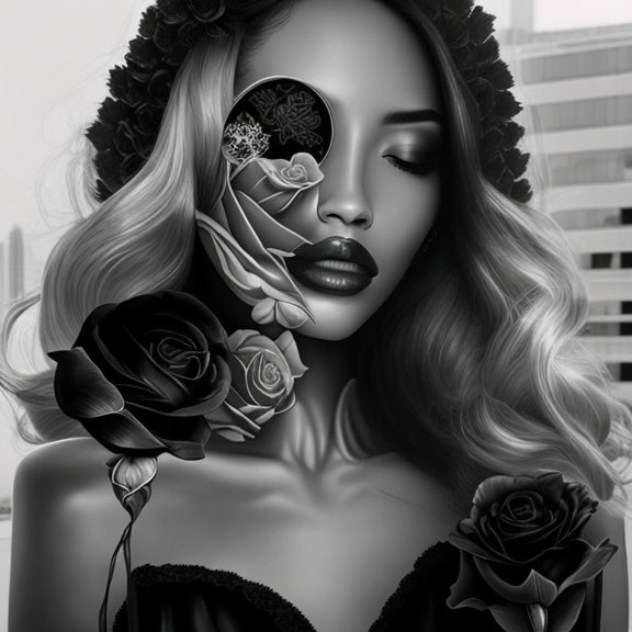 Monochromatic artwork: Woman with floral and mechanical brain parts