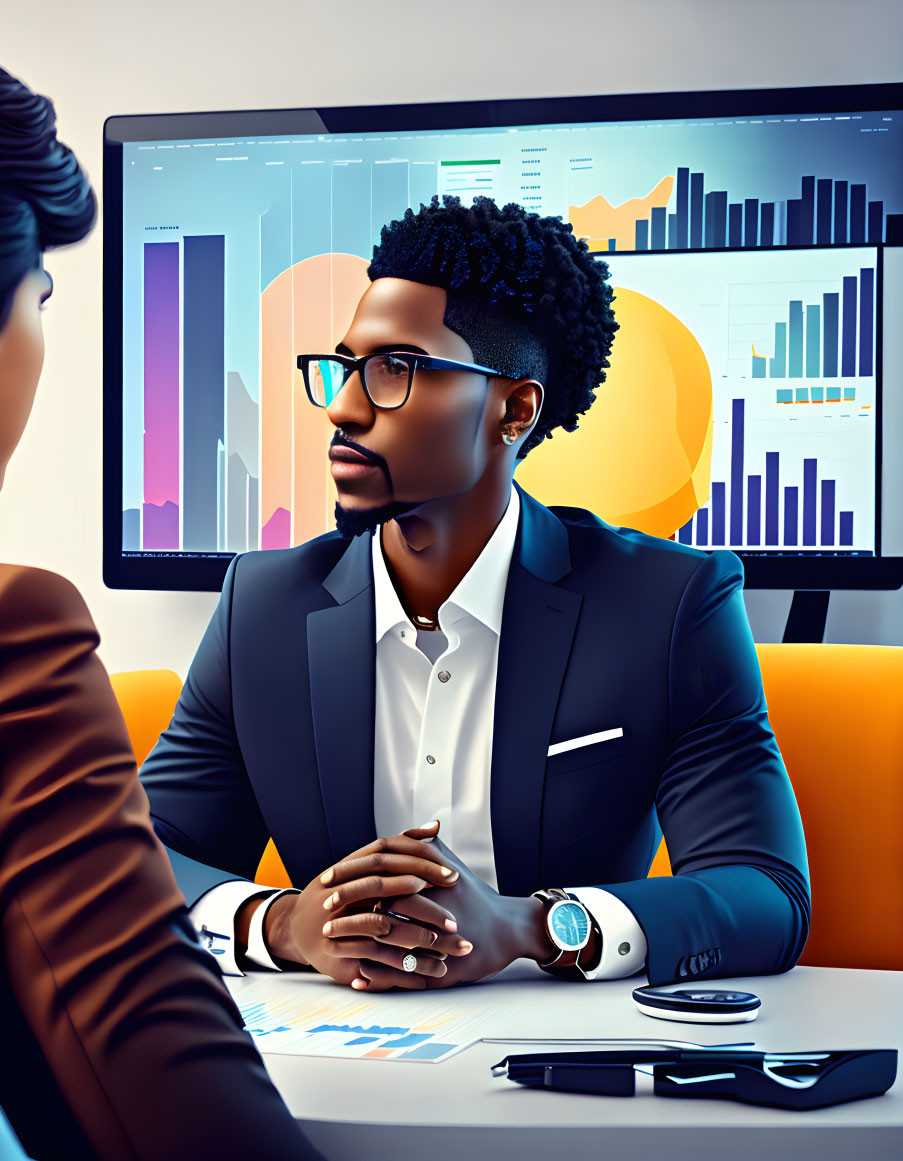 Businessman with glasses and watch analyzing financial graphs on computer in meeting