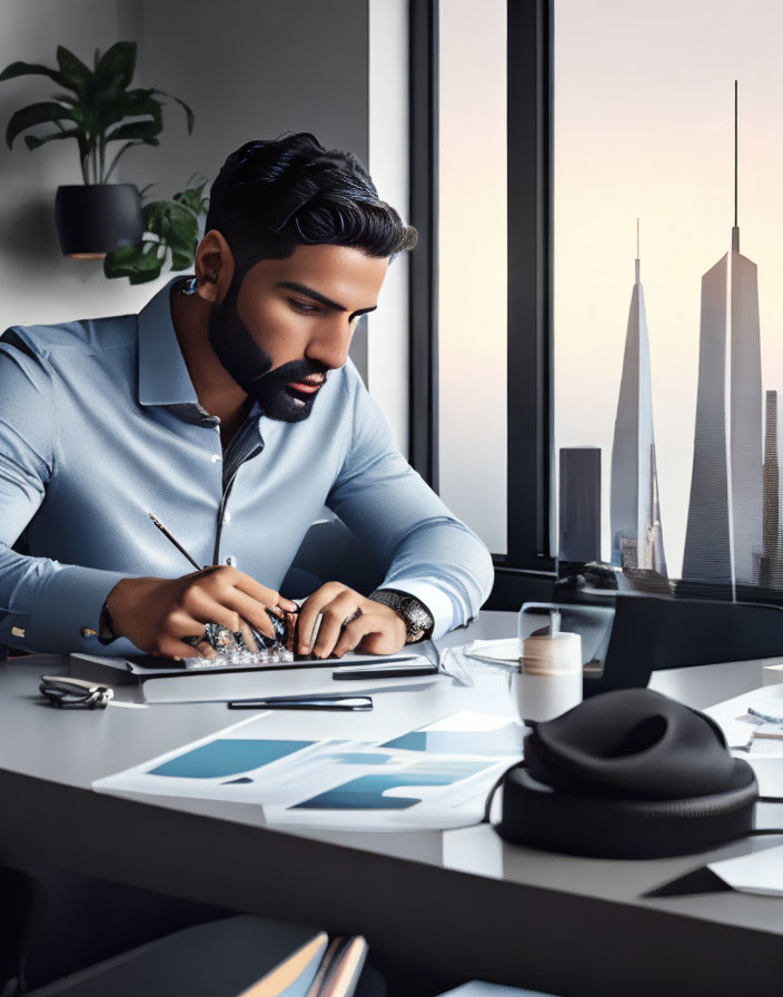 Bearded man working at desk in high-rise office with city skyline at sunset