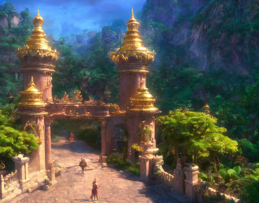 Golden gate with spires in mystical forest setting with figure approaching
