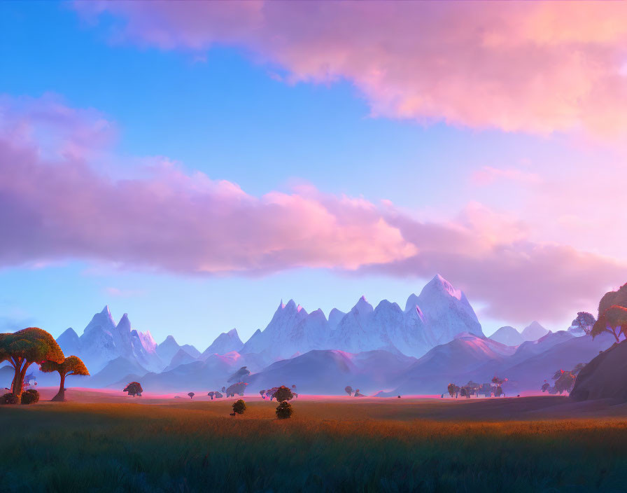Tranquil sunset landscape with golden fields and distant mountain peaks