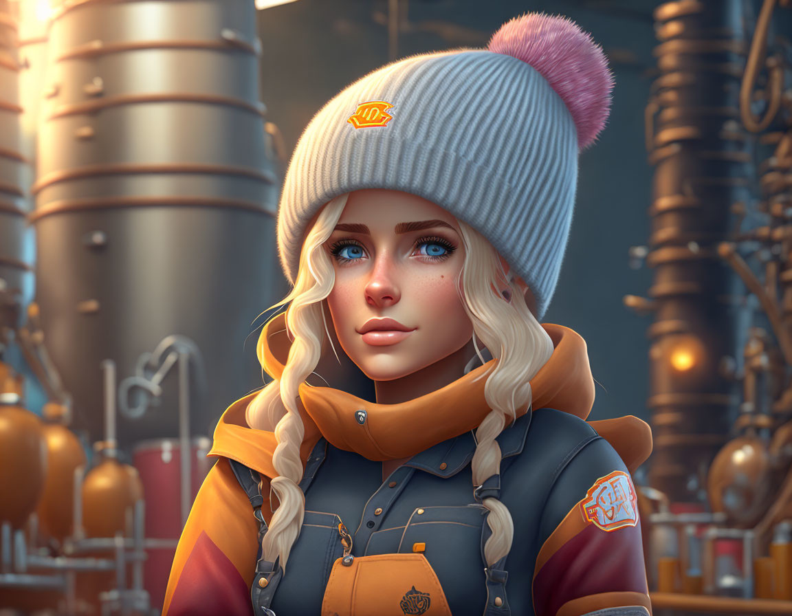 Stylized animated female character with blue eyes and blonde braids in orange and blue jacket, against