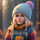 Stylized animated female character with blue eyes and blonde braids in orange and blue jacket, against