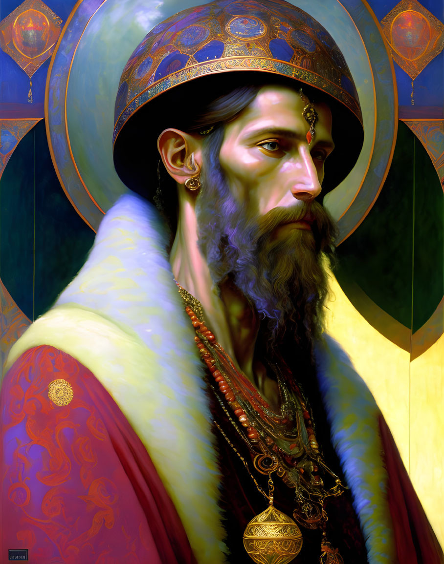 Regal portrait of a bearded man in ornate attire