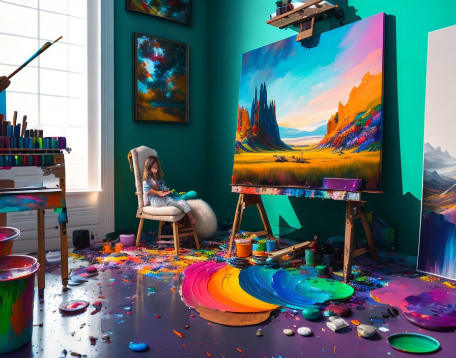 Colorful artist's studio with painting in progress and girl in chair