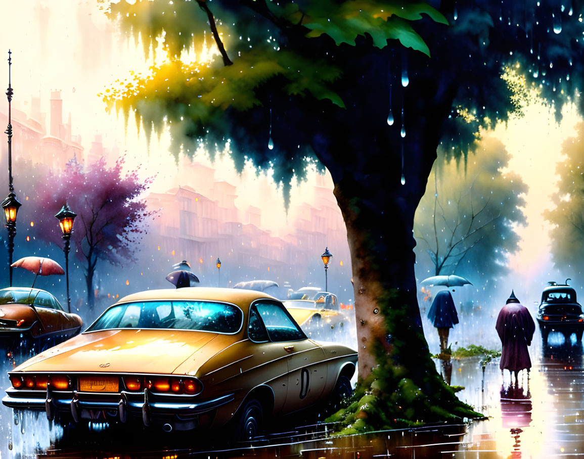 Colorful Rainy Day City Street Scene with Classic Car, Street Lamps, Trees, and Person