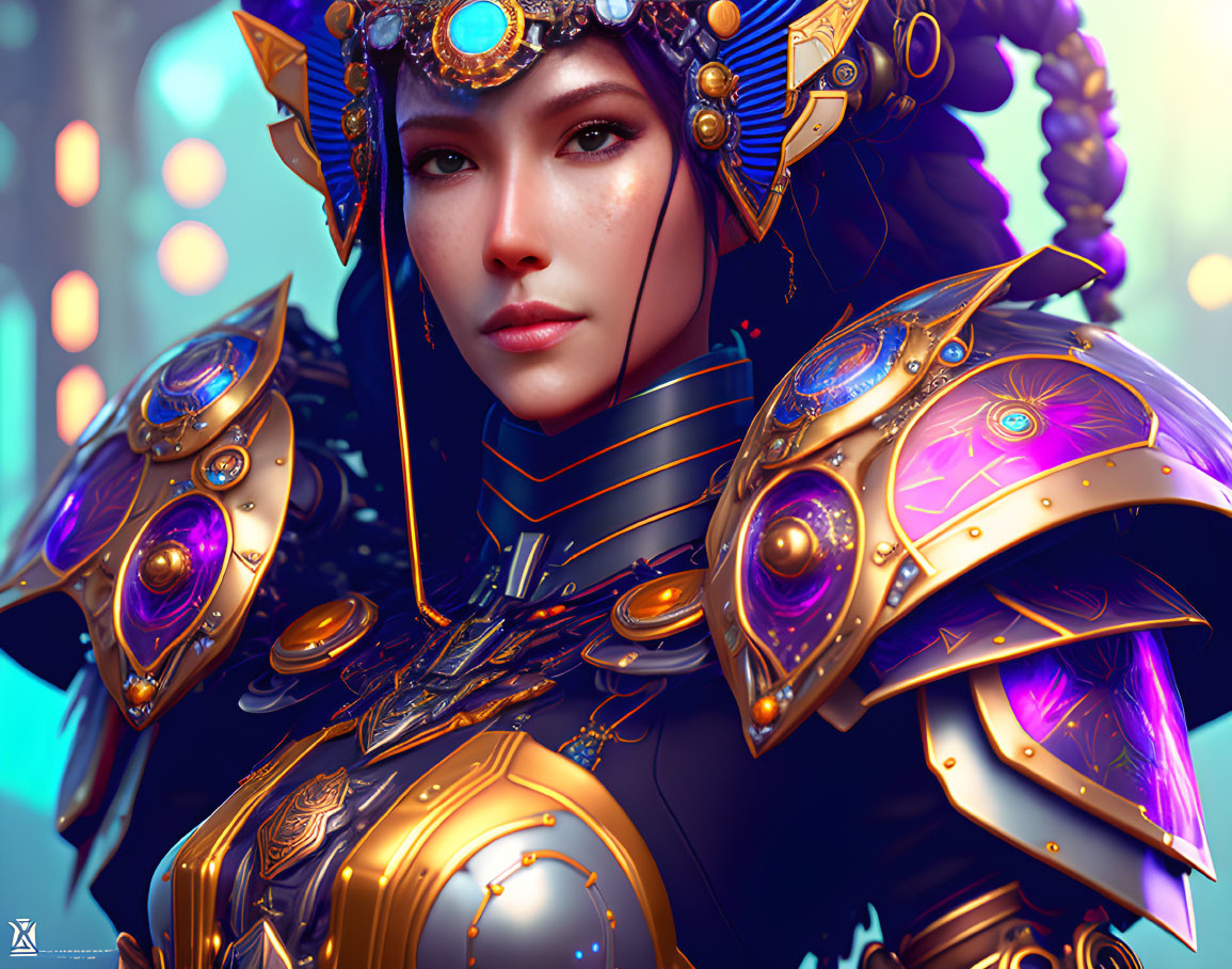 Detailed digital artwork: Woman in ornate golden armor with purple gems