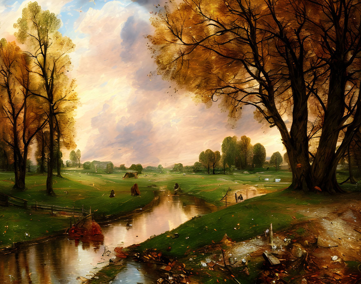 Golden Trees and Serene River in Autumn Landscape