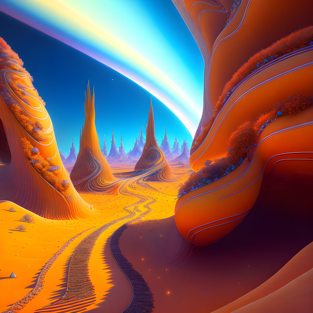 Alien landscape with orange sand, spire formations, and rainbow arc