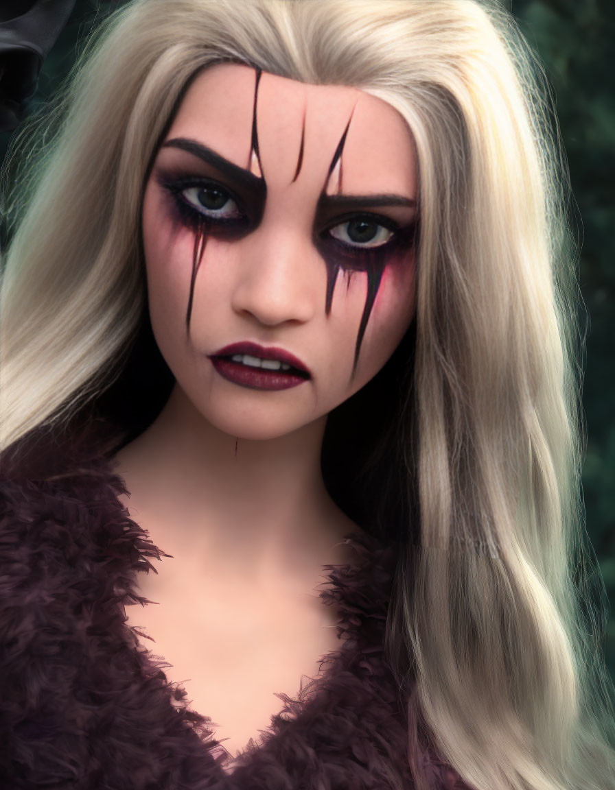 Intense dark eye makeup, bleeding streaks, pale skin, long blonde hair gaze.