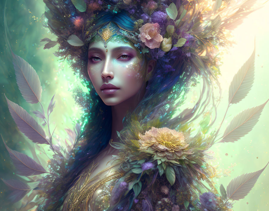 Mystical woman with floral and feather headpiece and ethereal glow