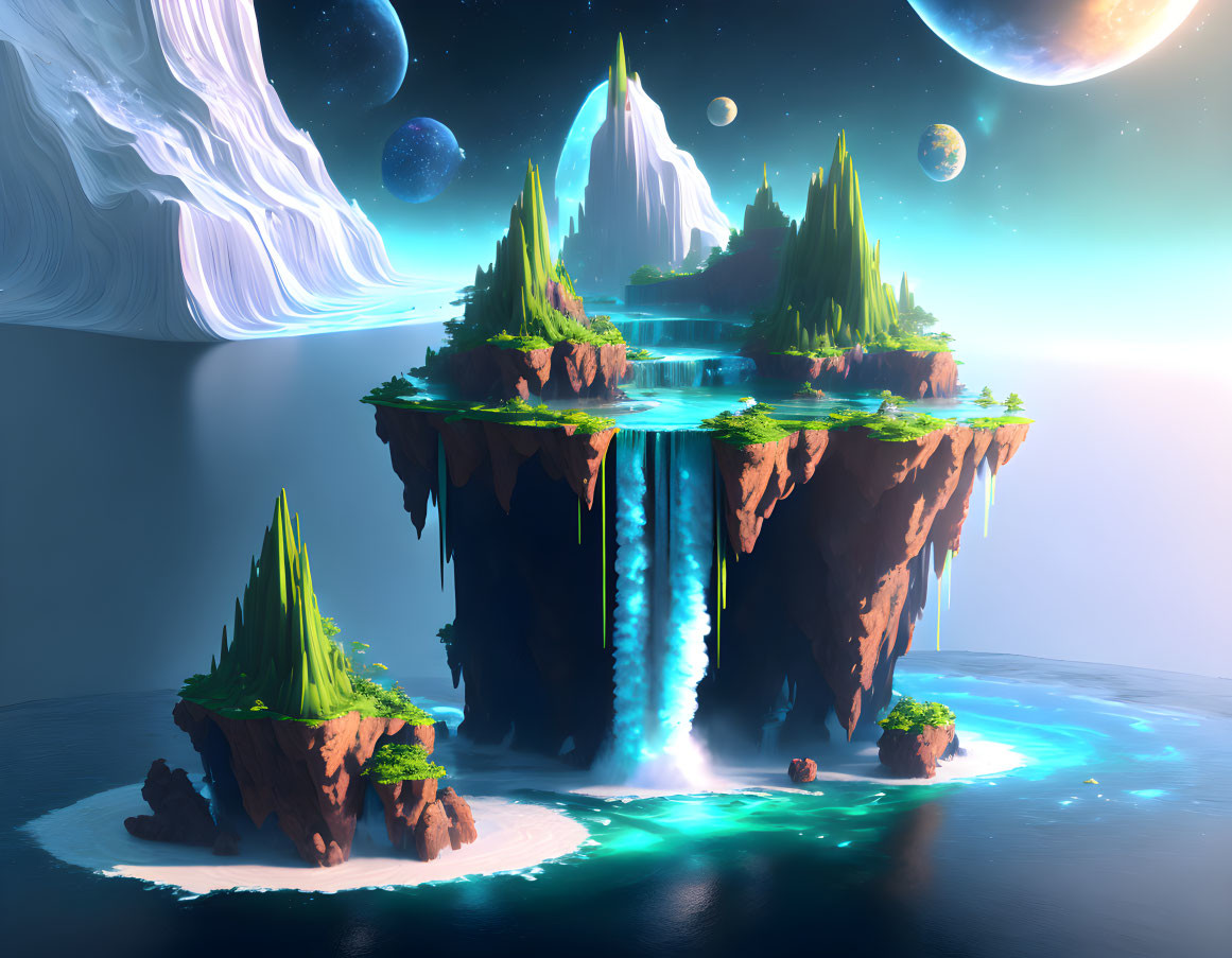 Fantasy floating island with waterfalls and celestial bodies in serene atmosphere