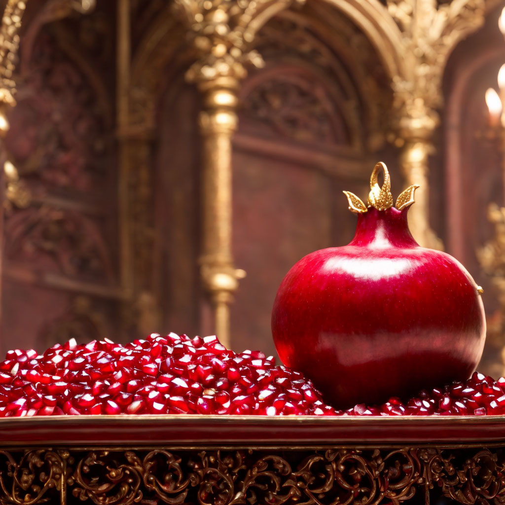 Shiny pomegranate on golden tray with scattered seeds