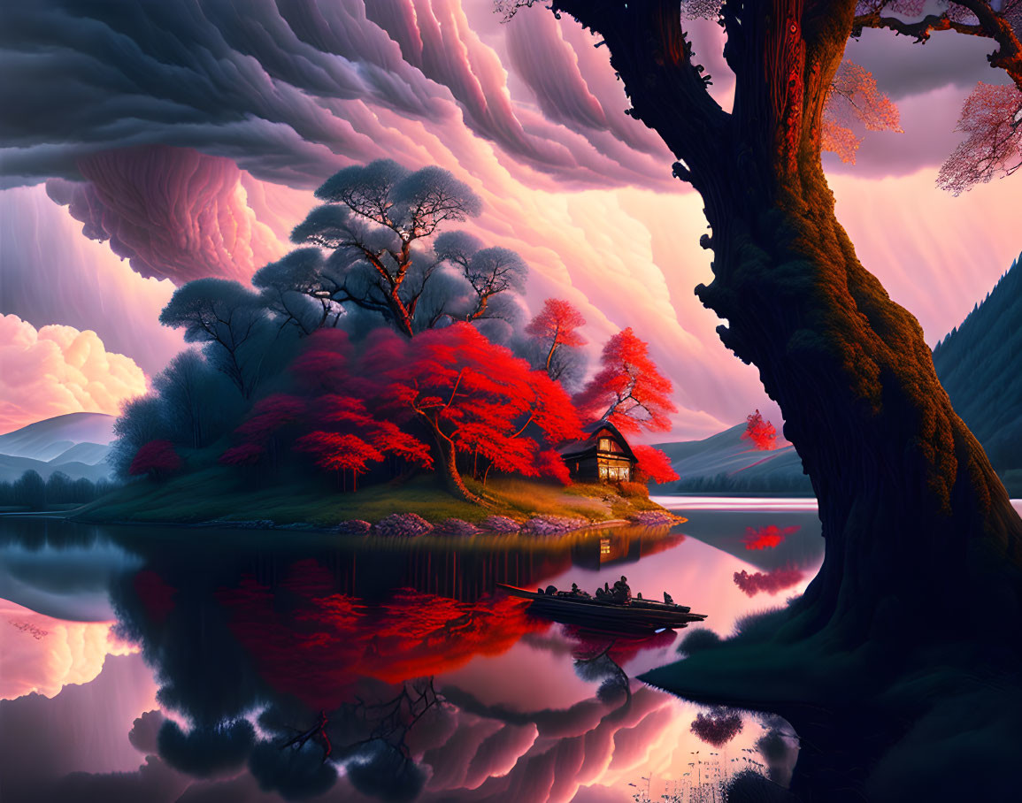 Tranquil lake scene: red-leaved tree, wooden hut, boat, purple-clouded sunset