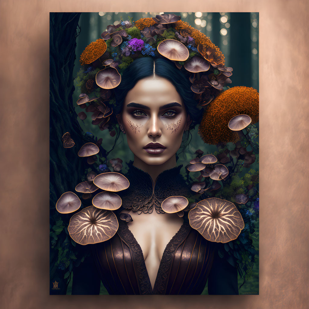 Blue-skinned female figure with mushroom and floral headpiece in enchanted forest.