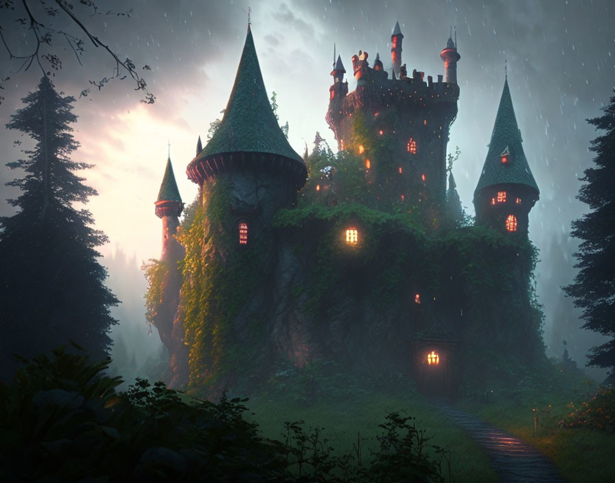 Enchanting castle shrouded in mist on hilltop forest.