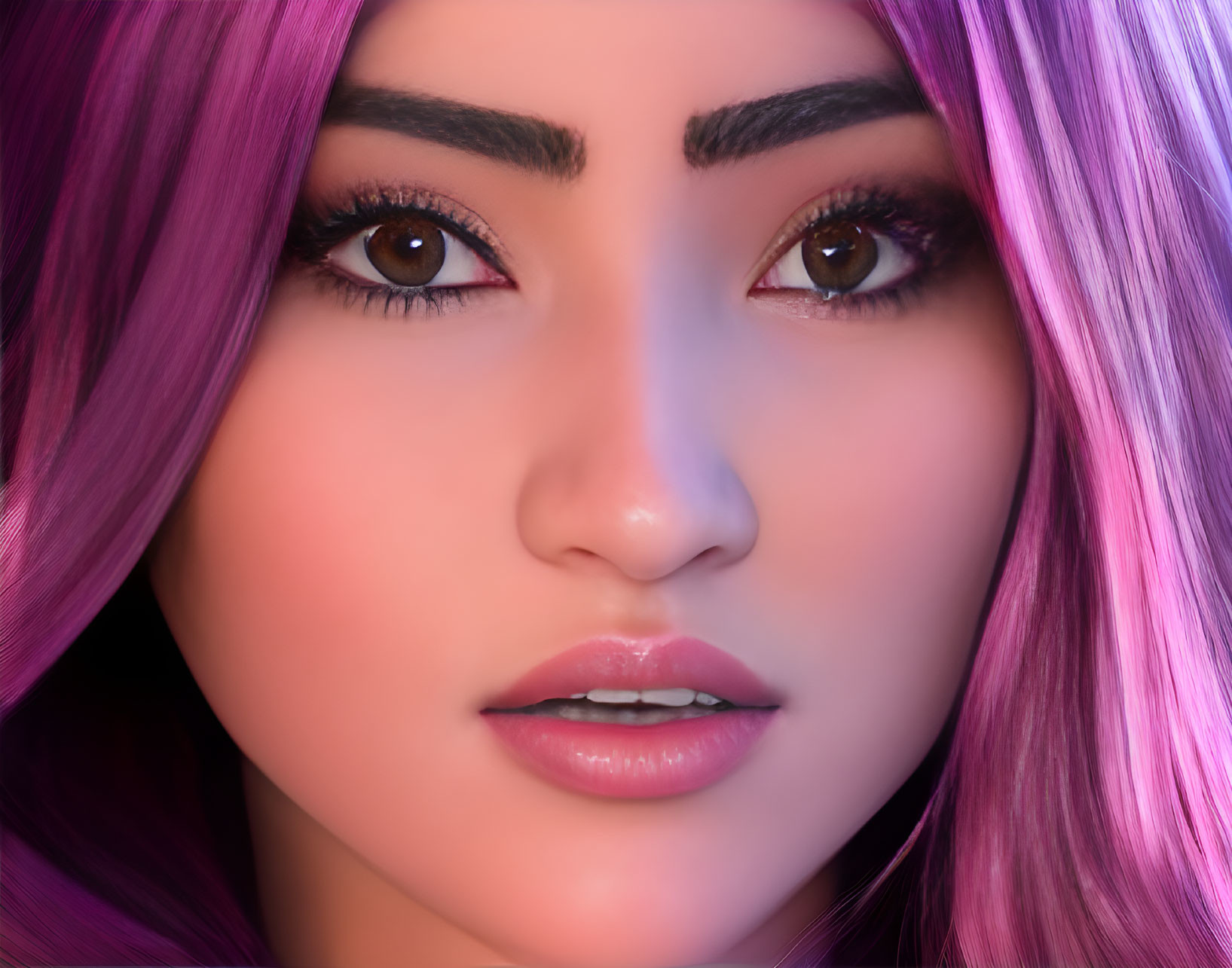 Detailed 3D-rendered female with vibrant purple hair and realistic features