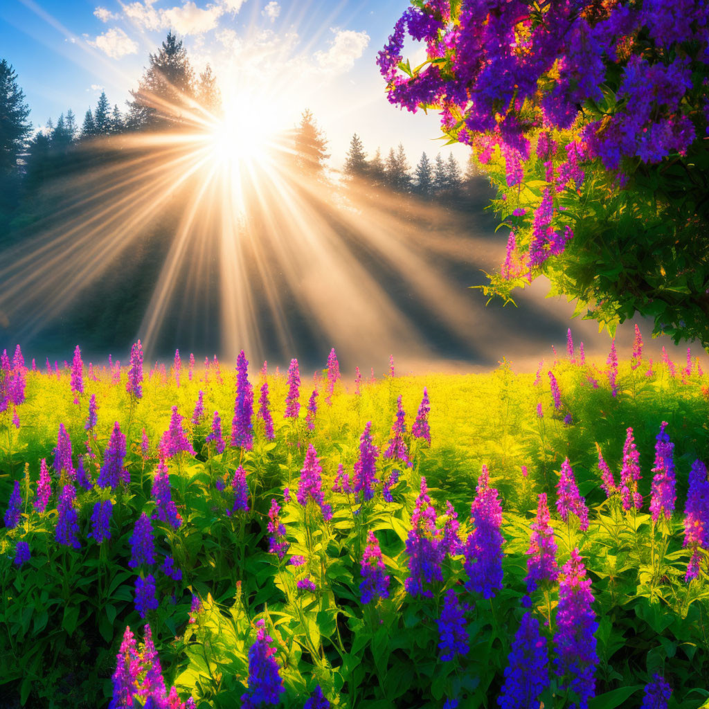 Sunbeams on Purple Flowers Field in Clear Day