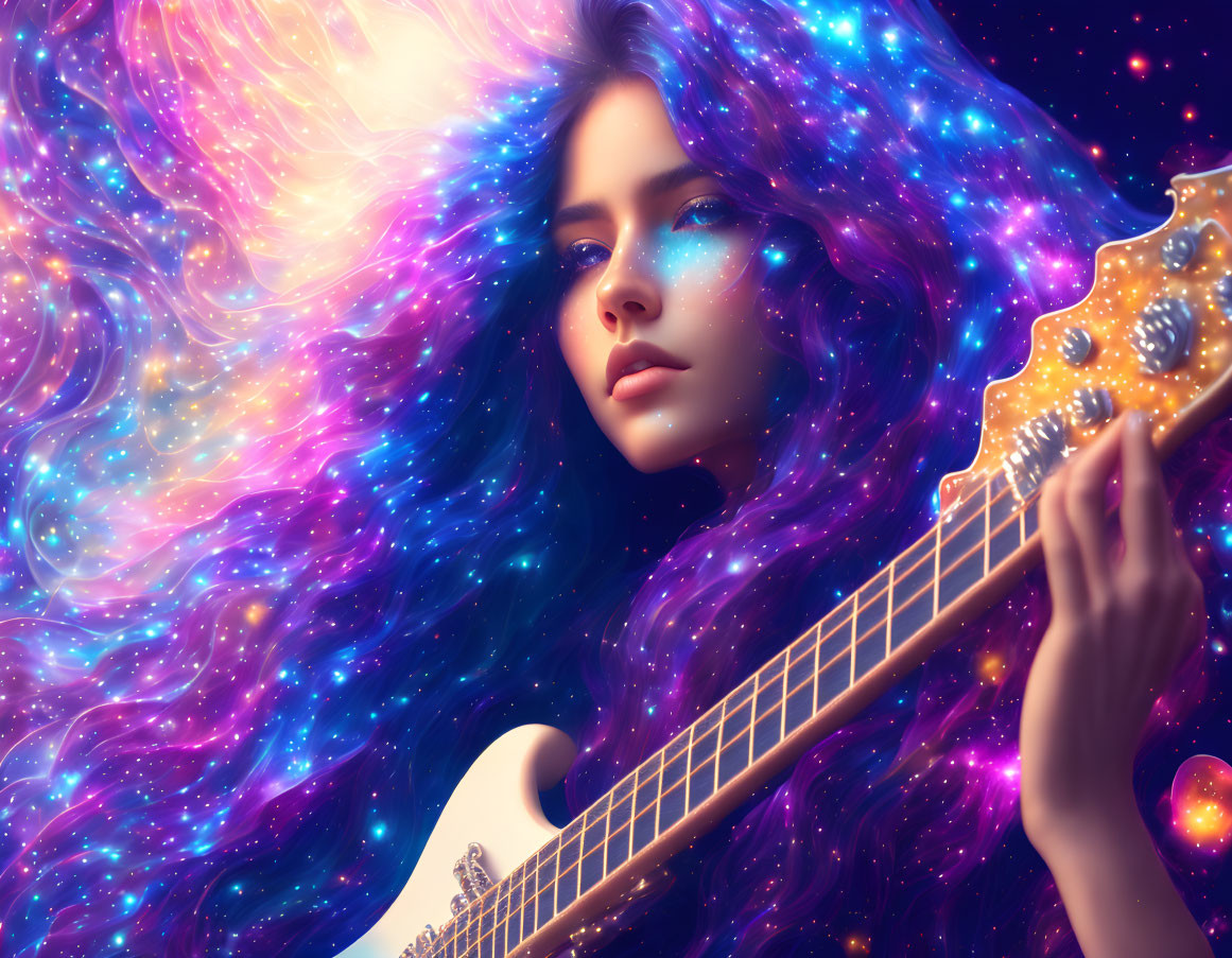 Cosmic-themed illustration: Woman with galaxy hair playing guitar