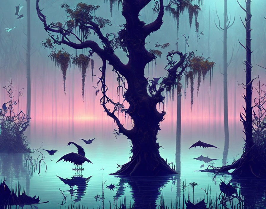 Mystical swamp with large tree, Spanish moss, birds, and colorful sky