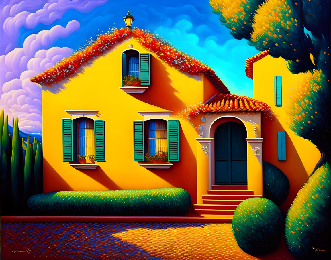 Colorful painting of yellow house with blue shutters in lush greenery under purple sky