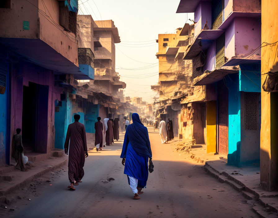 Blue-garmented person strolls dusty street with colorful buildings under warm sun.