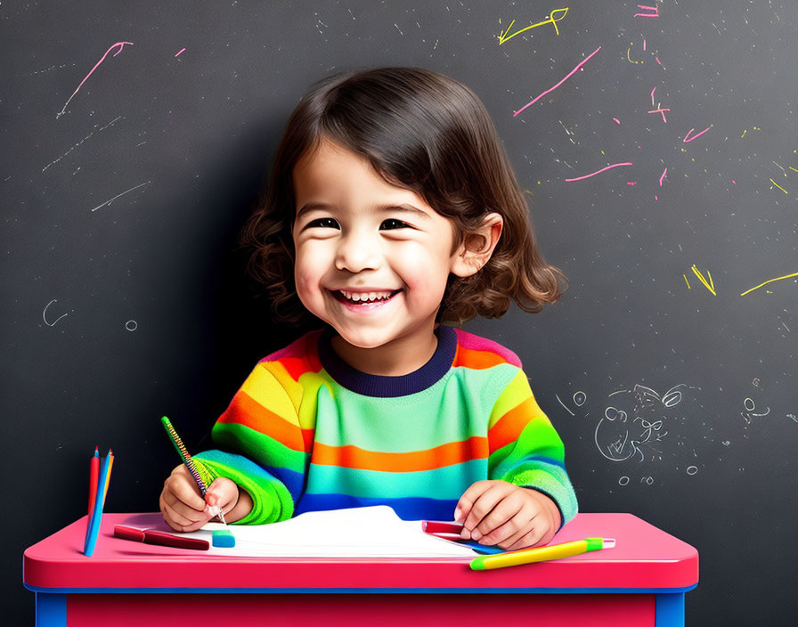 Smiling child in striped sweater at red table with pencil and chalkboard background