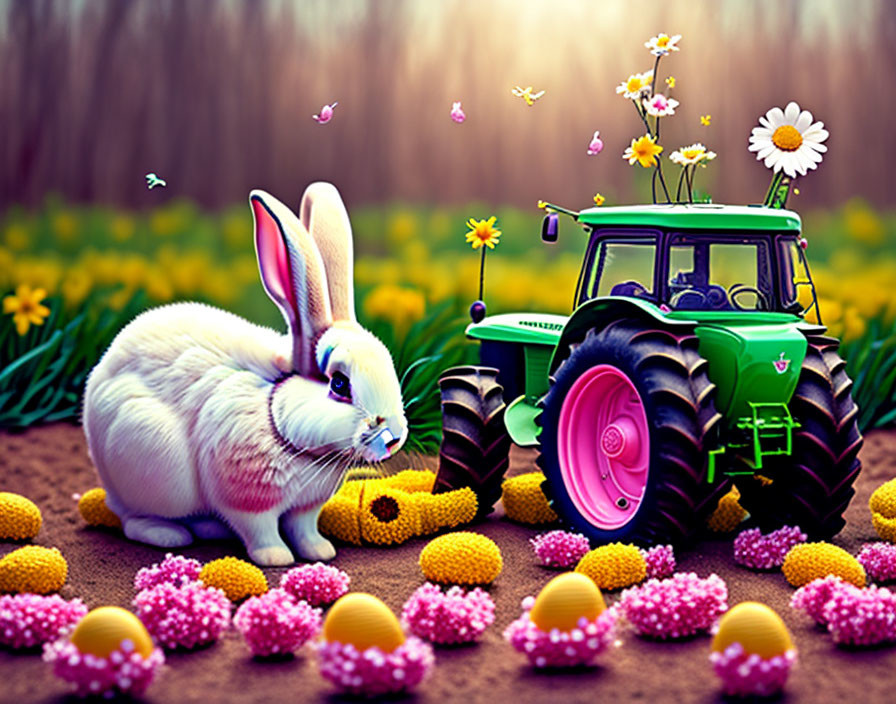 White Rabbit in Colorful Field with Flowers, Butterflies, Tractor, and Easter Eggs