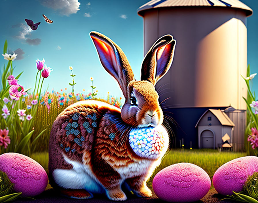 Colorful Easter Bunny with Blue Egg in Spring Scene