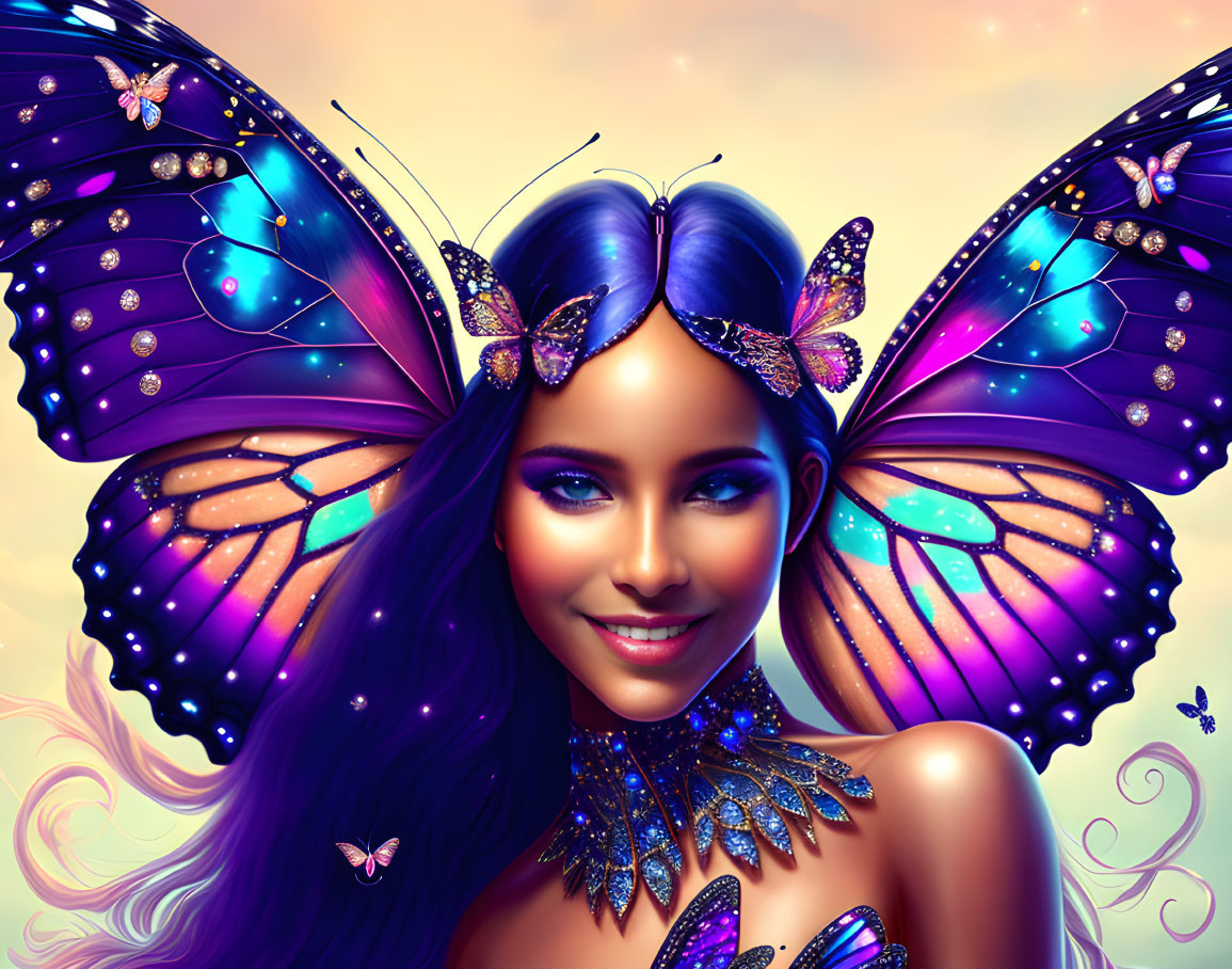 Smiling woman with purple butterfly wings and jewels