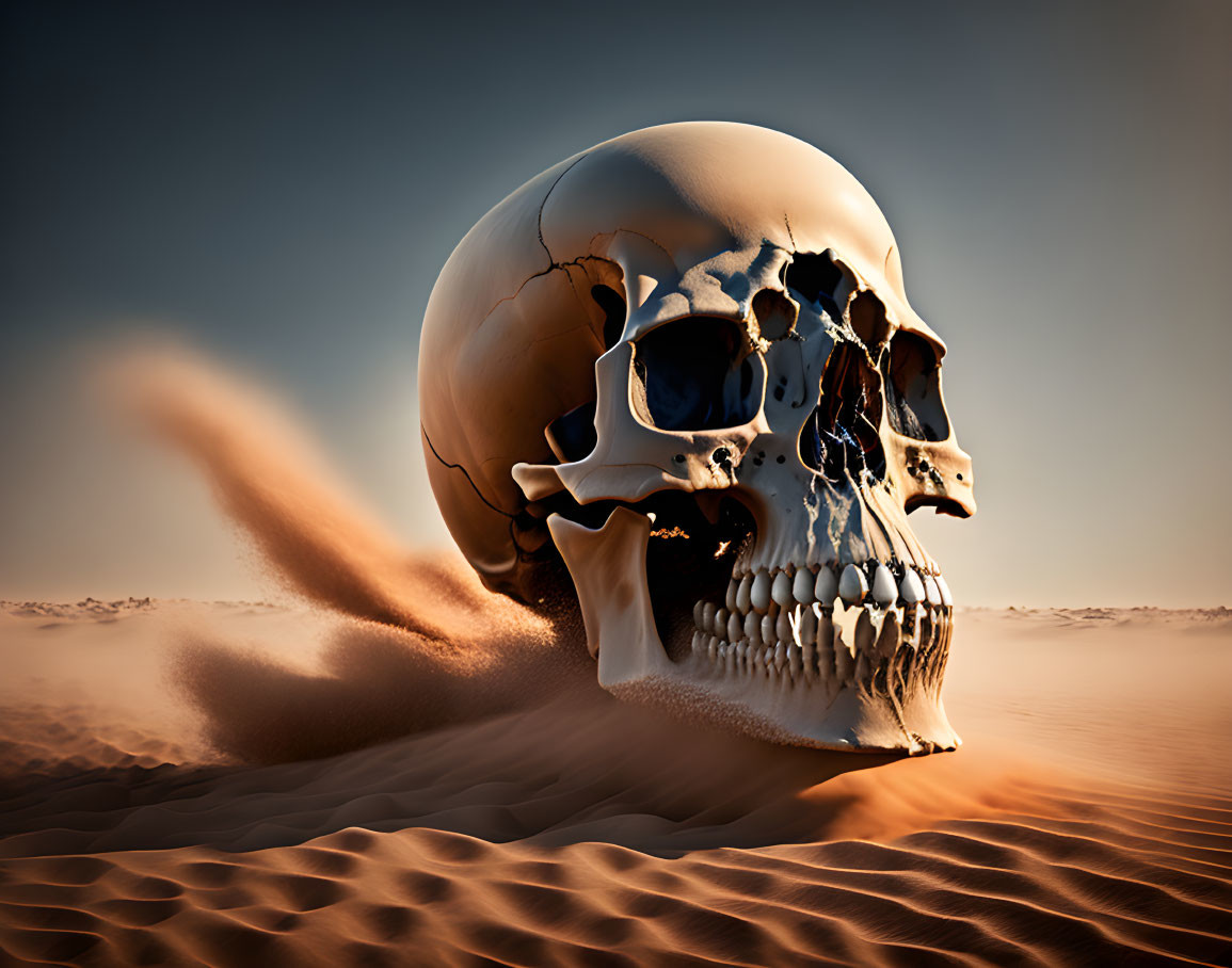 Giant skull partially buried in desert sands under hazy sky