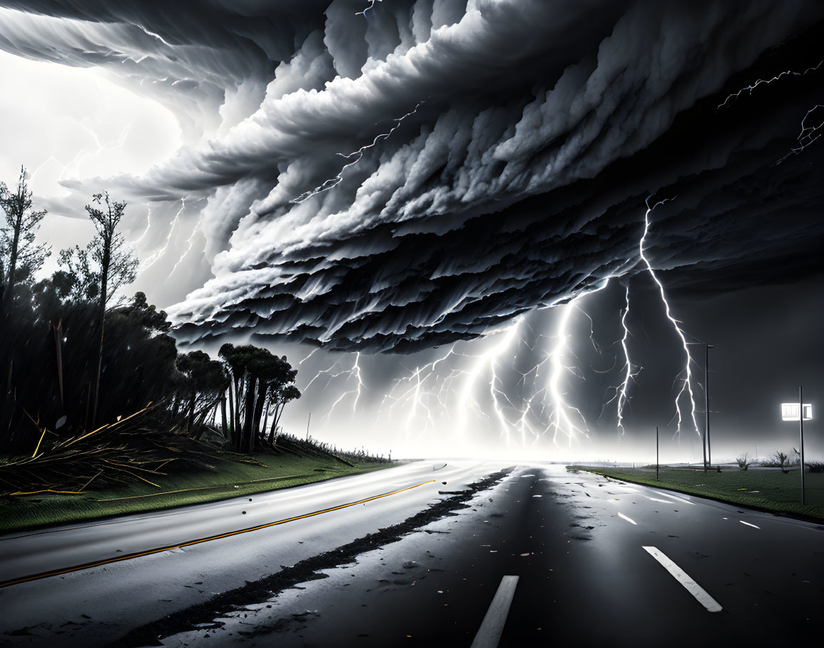 Intense lightning strikes road under dramatic storm clouds