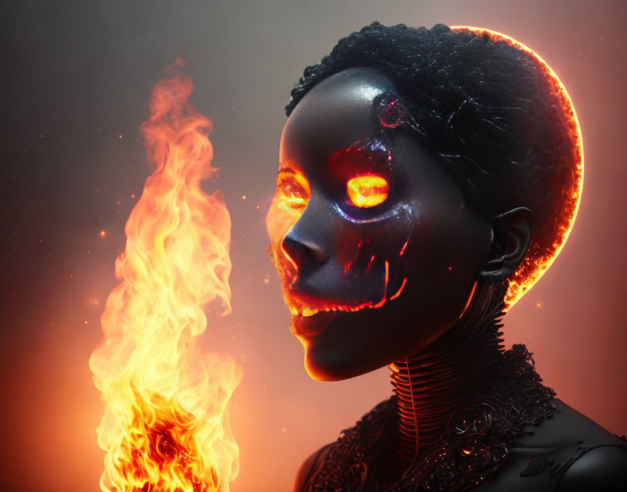 Person with shiny black skin and glowing red eyes surrounded by flames on orange-red background