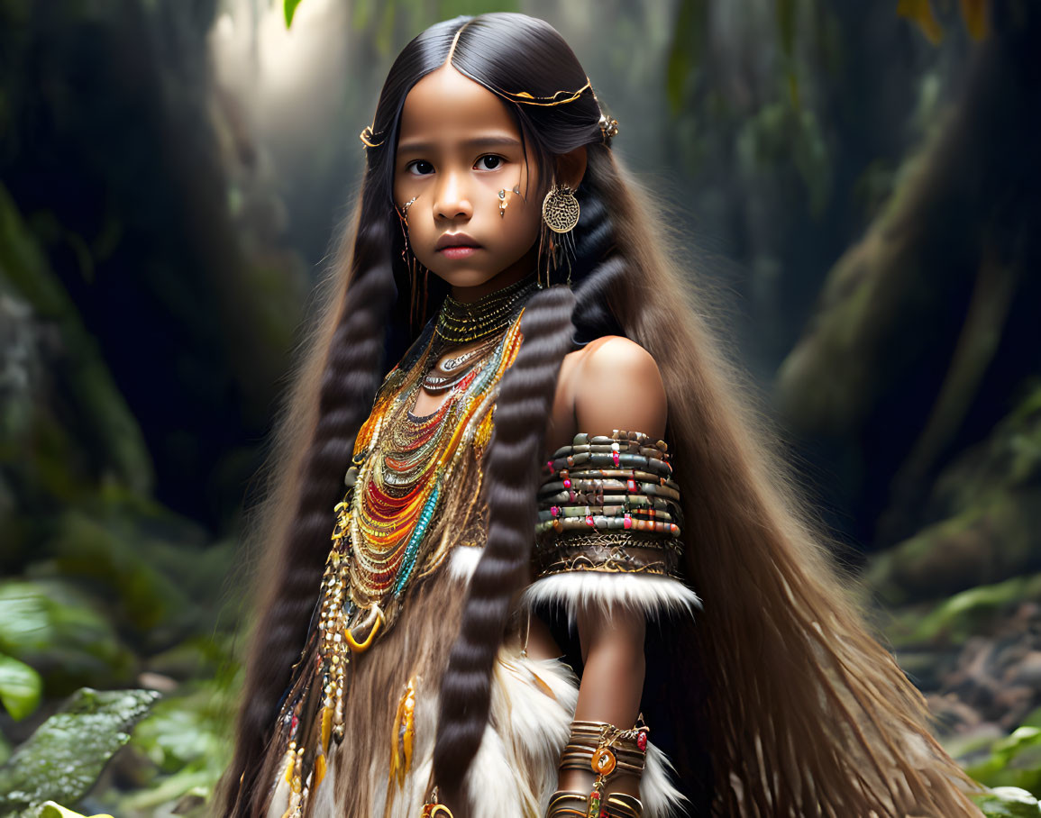 Young girl with feathered hair in tribal attire in mystical forest