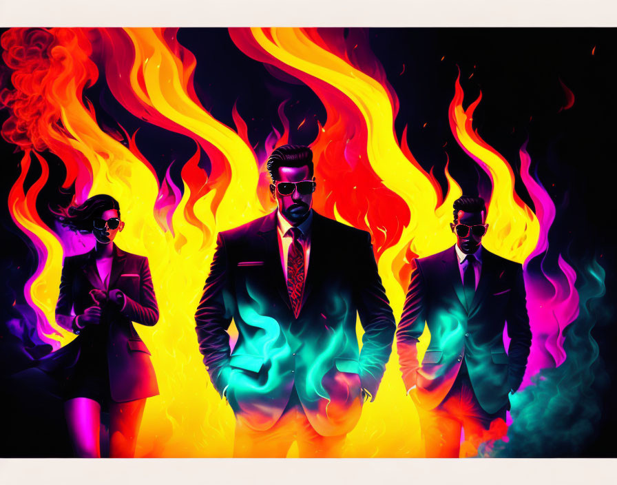 Stylized agents in suits against fiery neon backdrop with orange, purple, and blue flames.