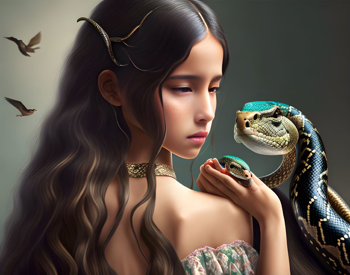 Serene woman with golden circlet holds snake, birds in soft lighting