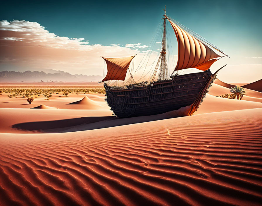 Wooden ship stranded on sand dunes in desert landscape