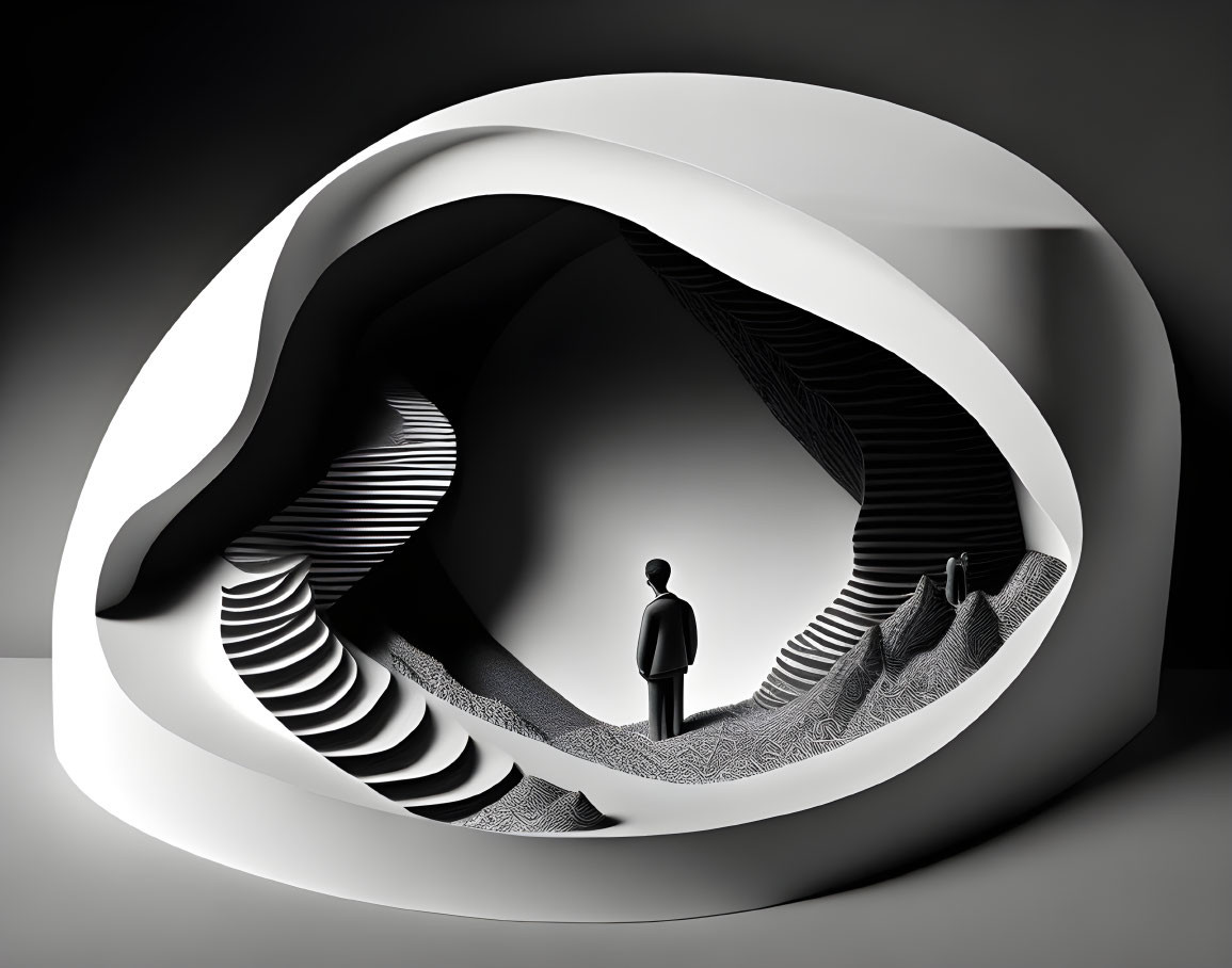 Monochrome abstract image of surreal structure with figure and swirling staircases