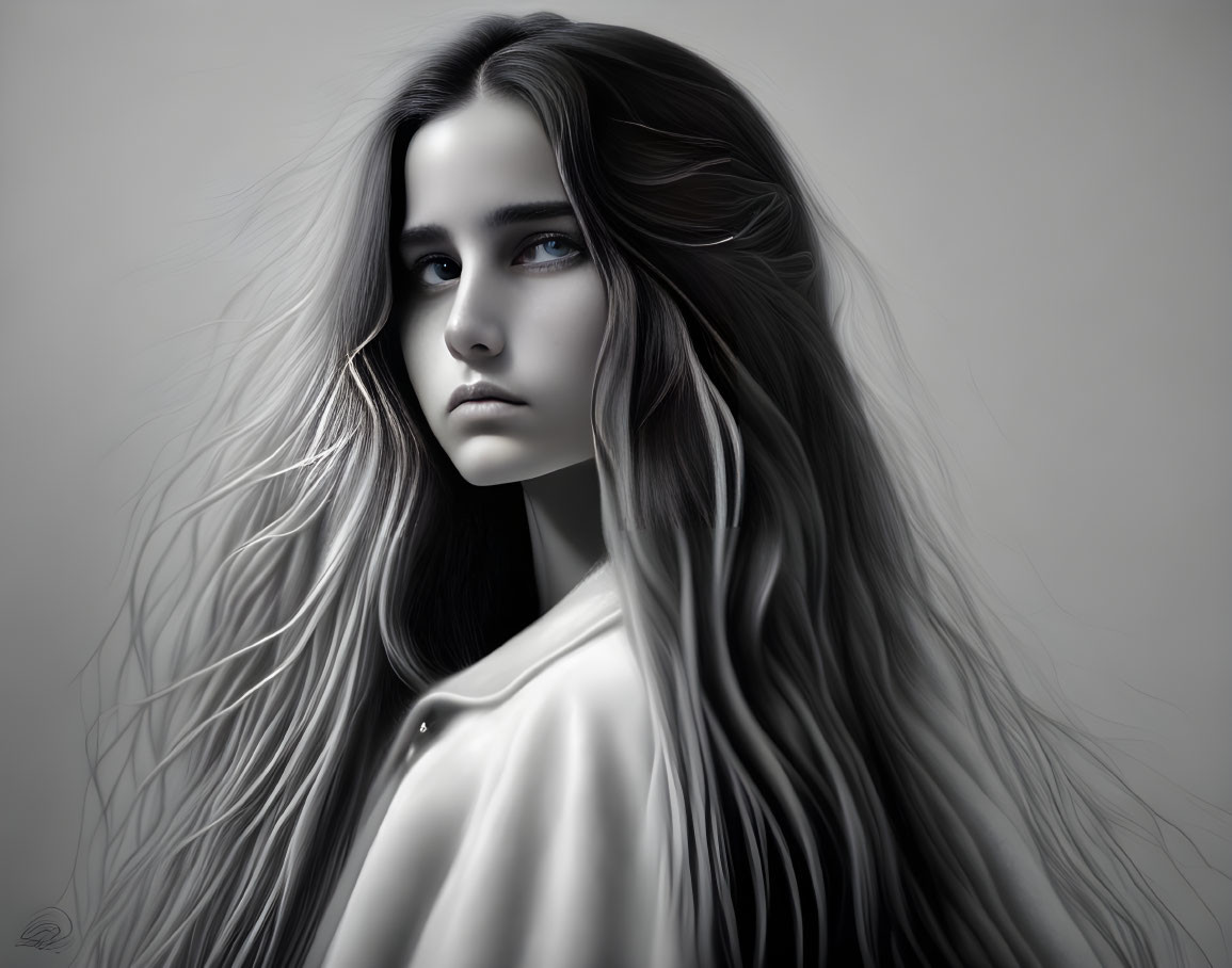 Monochromatic digital portrait: Young woman with flowing hair and blue eyes in light shirt on gray background