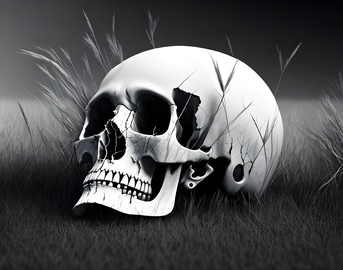 Cracked human skull on dark grass with gray background