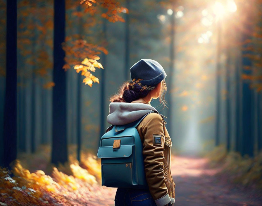 Person with backpack in sunlit forest admiring autumn leaves