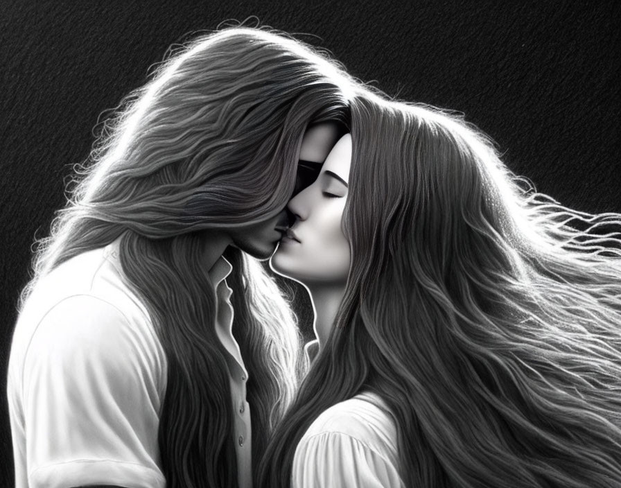 Monochrome image: Two individuals kissing with long flowing hair