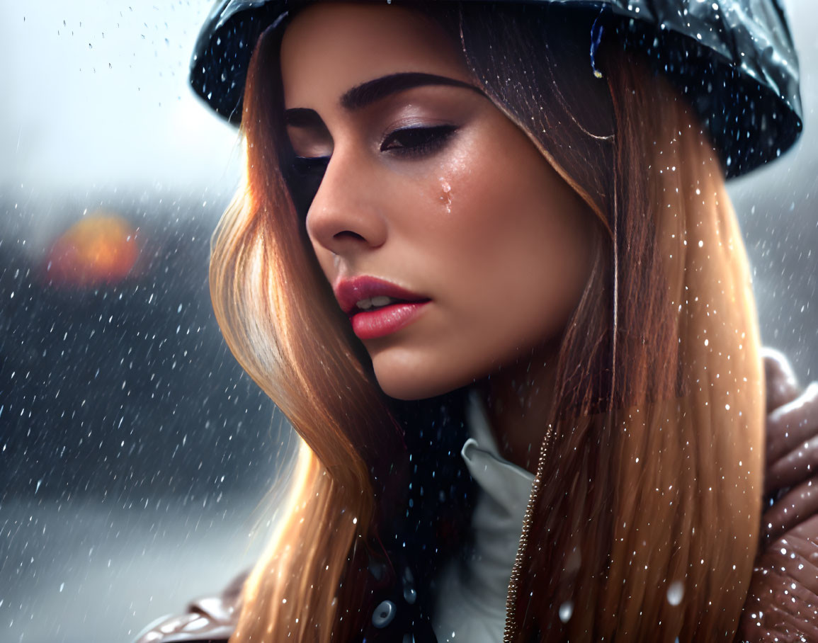 Contemplative woman in shiny rain cap with water droplets in softly lit rainy scene