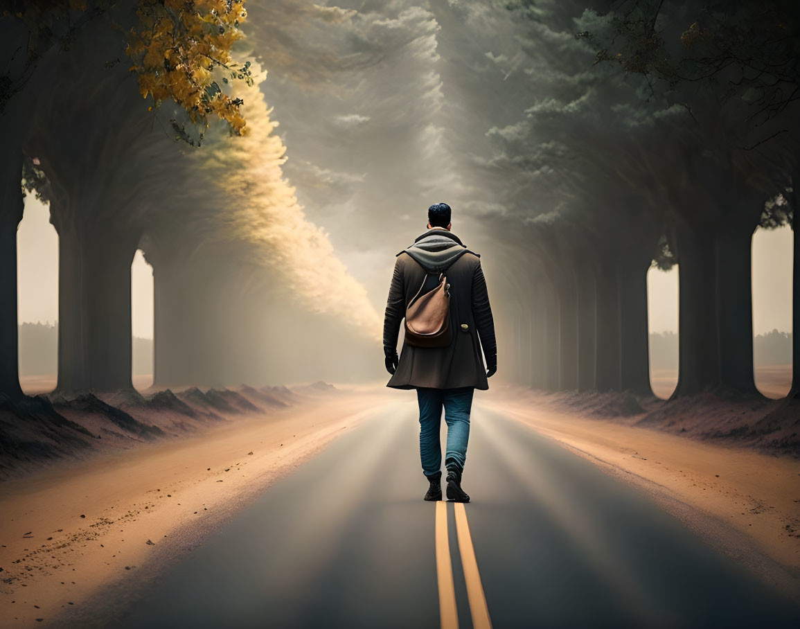 Person walking on tree-lined road in foggy setting