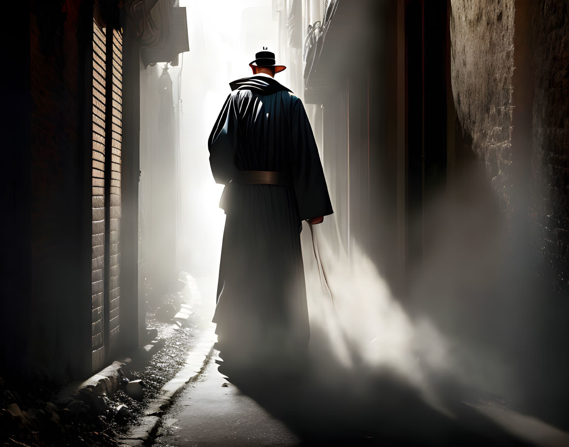 Mysterious Figure in Hat and Cloak Walking in Foggy Alley