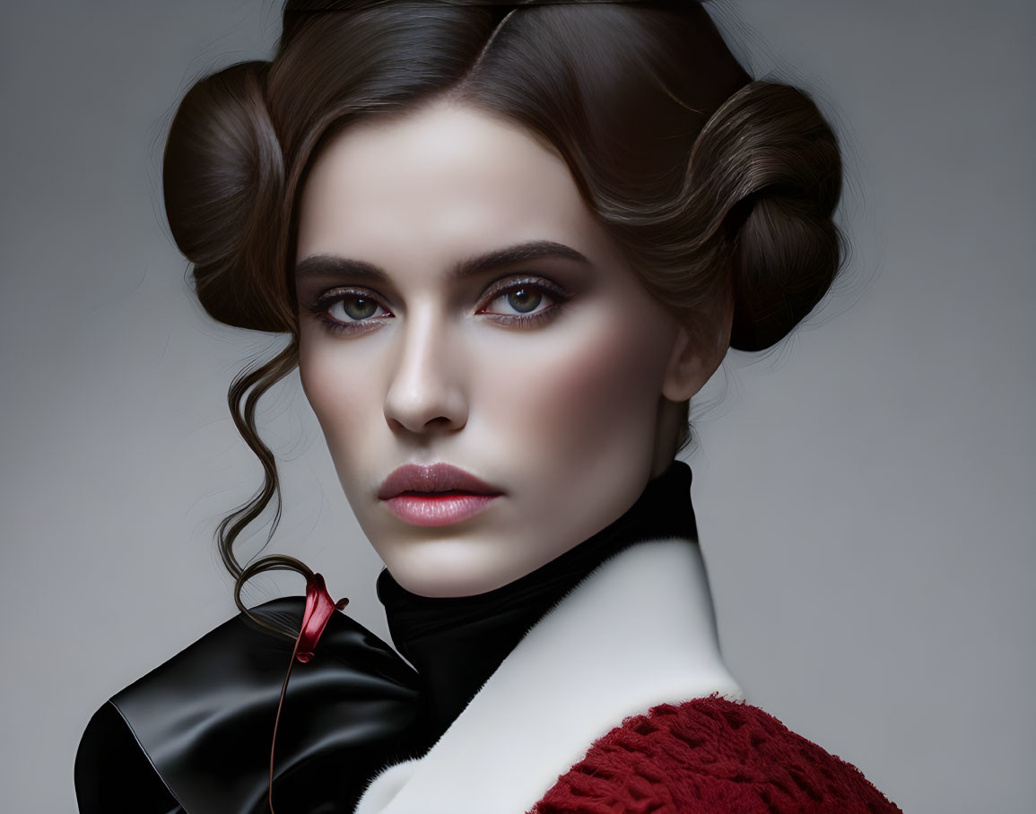 Elaborate Hairstyle and Striking Makeup on Woman in Black and Red Garment