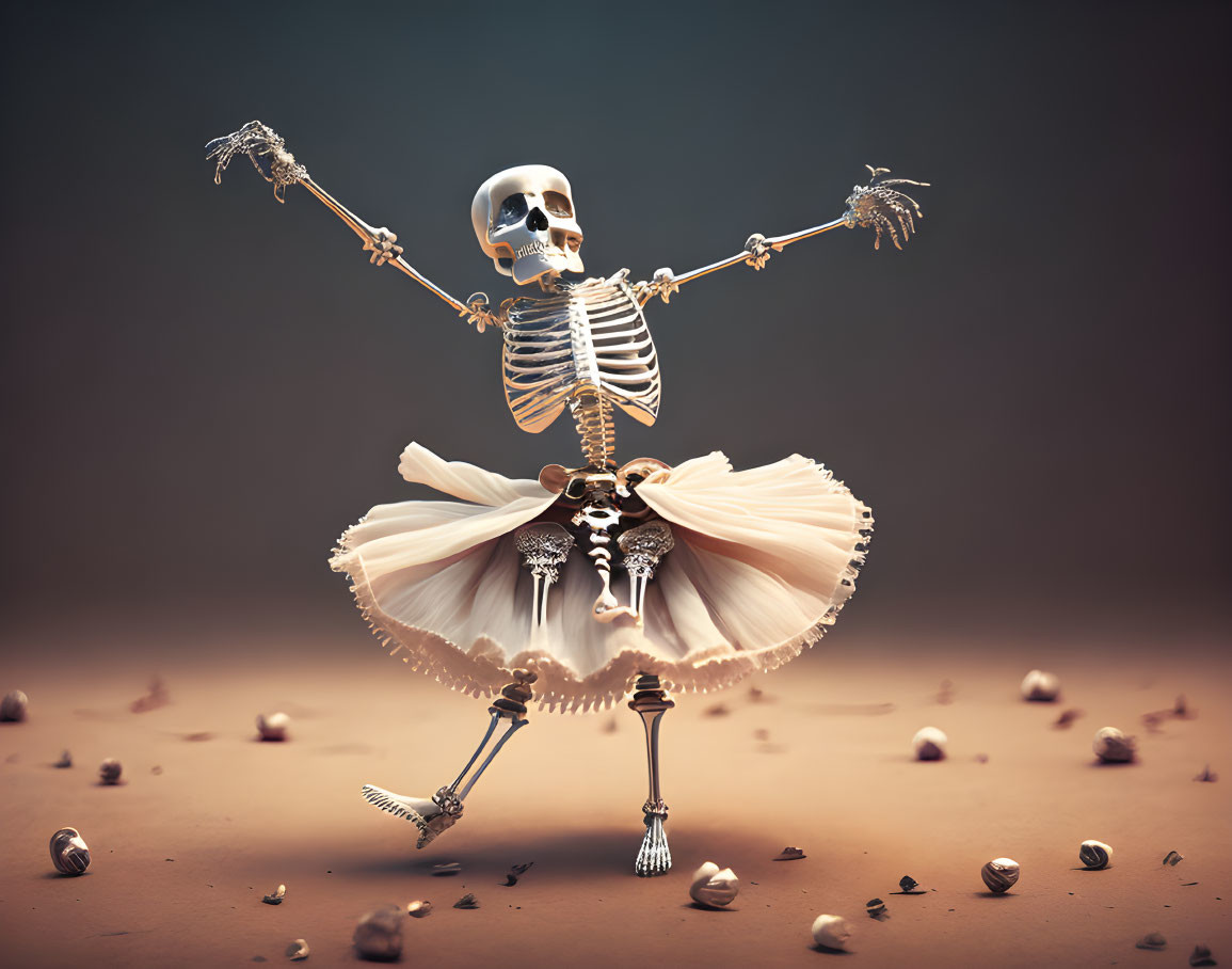 Whimsical skeleton in tutu ballet dancing with autumn leaves