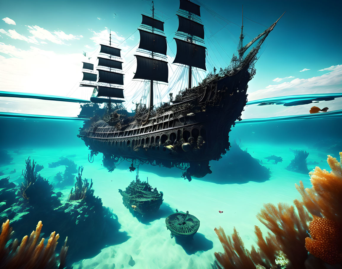 Sunken pirate ship with coral growth in clear blue sea surrounded by shipwrecks