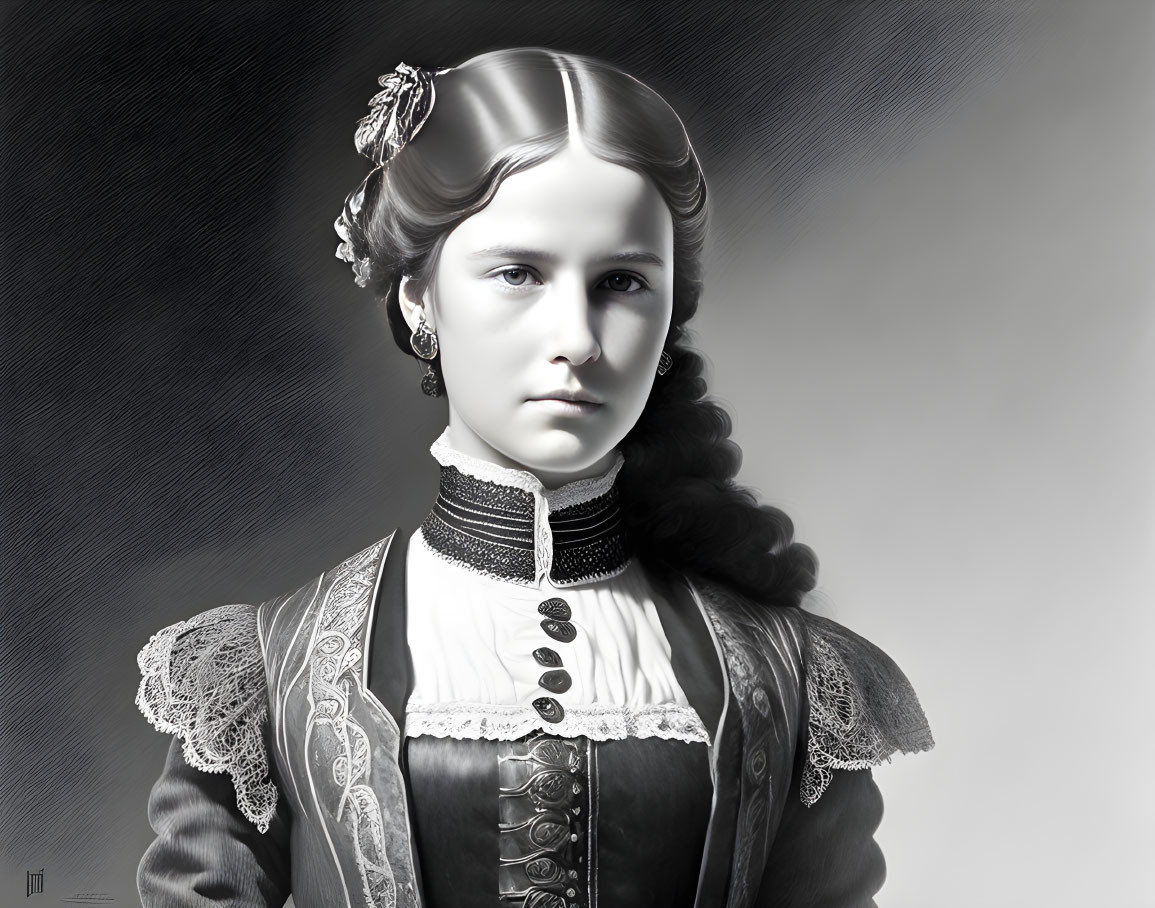 Monochrome portrait of young woman with vintage hairstyle and lace-collared dress